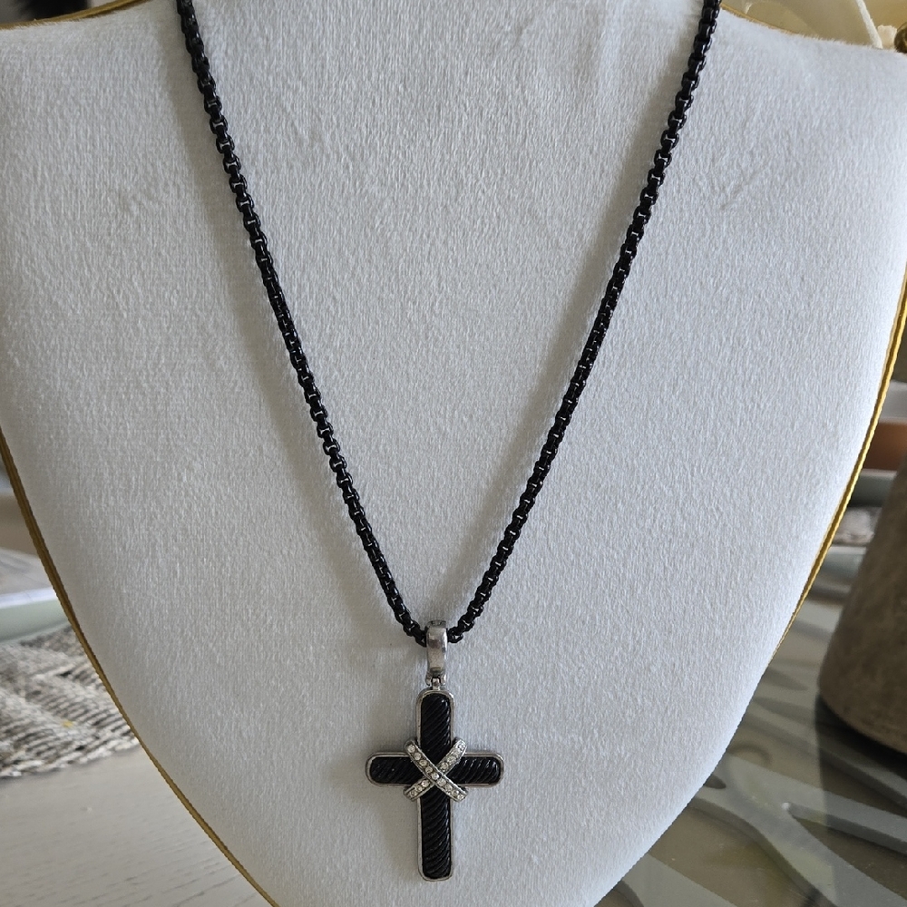Black Rhinestone Cross Pendant Vintage Necklace w/ CHARRIOL & DY Vibes